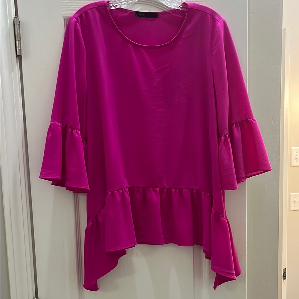 Gibson Vibrant Pink Ruffle Blouse